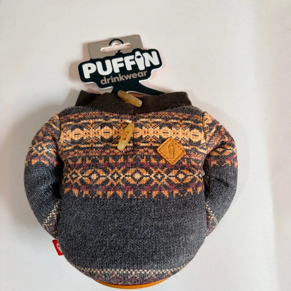 Puffin Drinkwear Espresso Cardigan Beer Can Cooler Koozie Fair Isle Knit NEW
